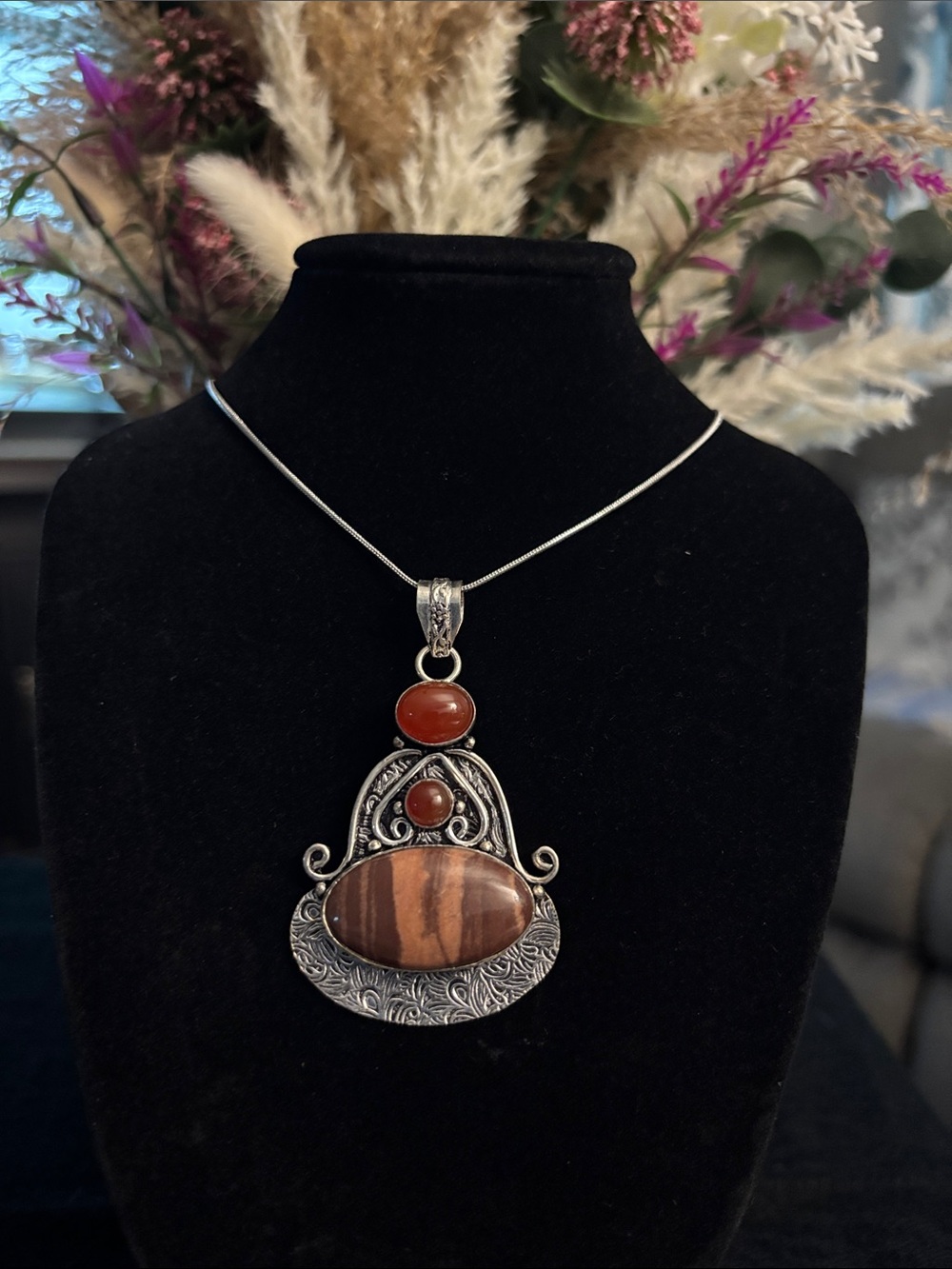Sterling Silver Brown & Red Coconut Jasper Gemstone Pendant Necklace
